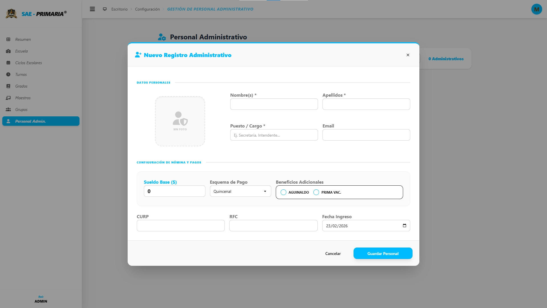 SAE - Primaria - Formulario para Personal Administrativo