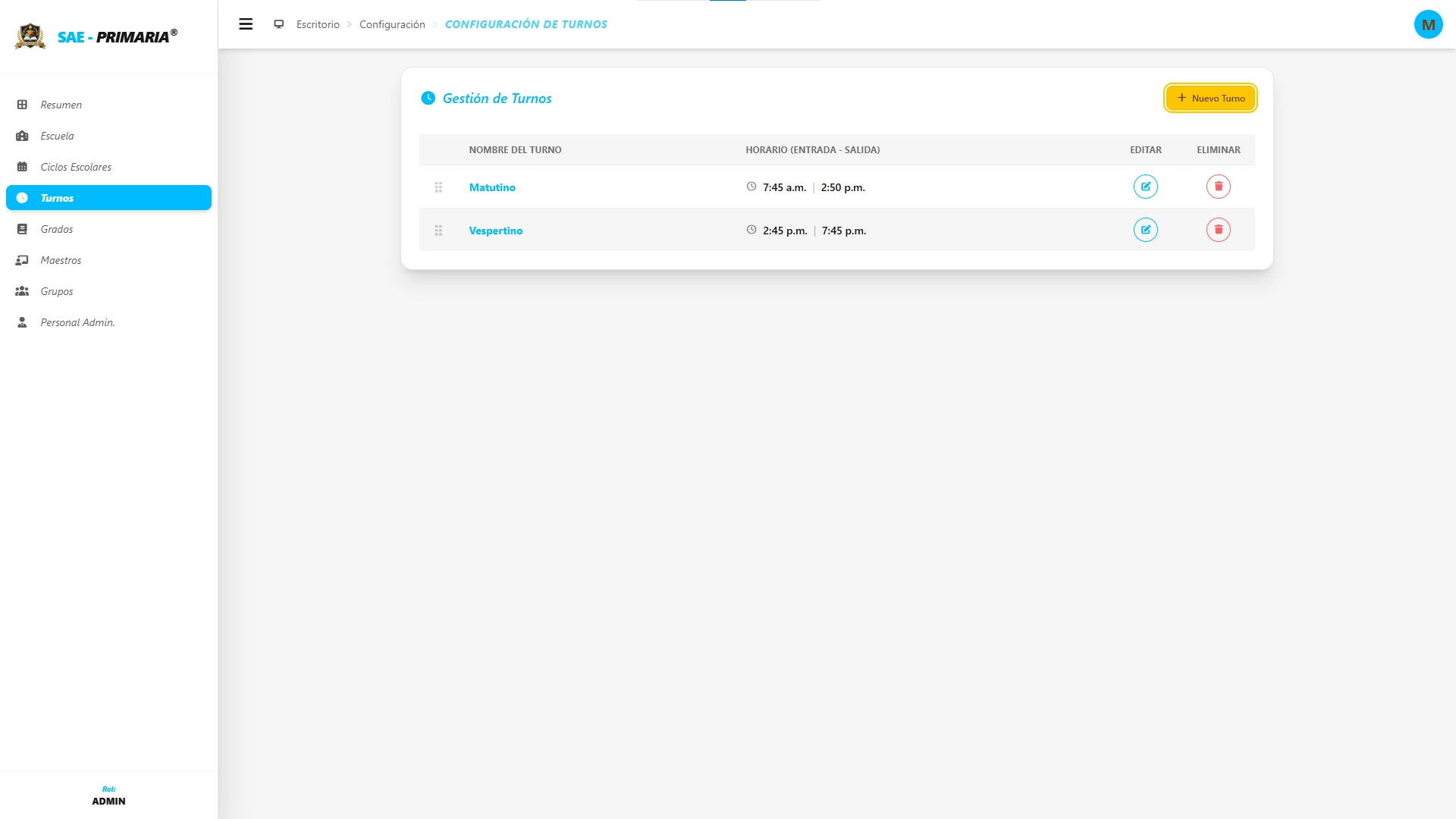 SAE - Primaria - Módulo Turnos